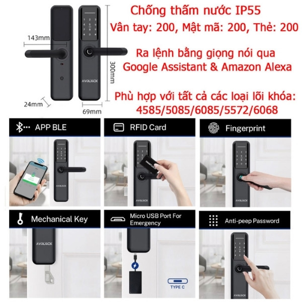 Khóa cửa vân tay Avolock AV63 app wifi