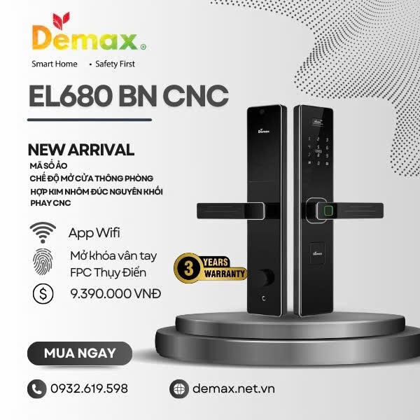 Khoá cửa vân tay thông minh Demax EL680 đen Nano CNC