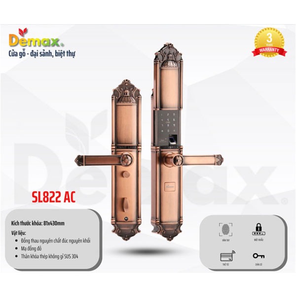 Khoá cửa vân tay đại sảnh biệt thự Demax EL822 đồng cổ