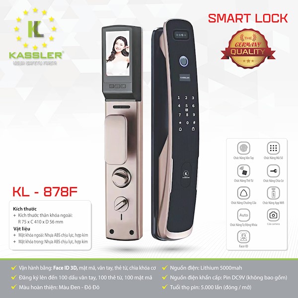 Khóa cửa vân tay cao cấp Kassler KL-878F Face 3D