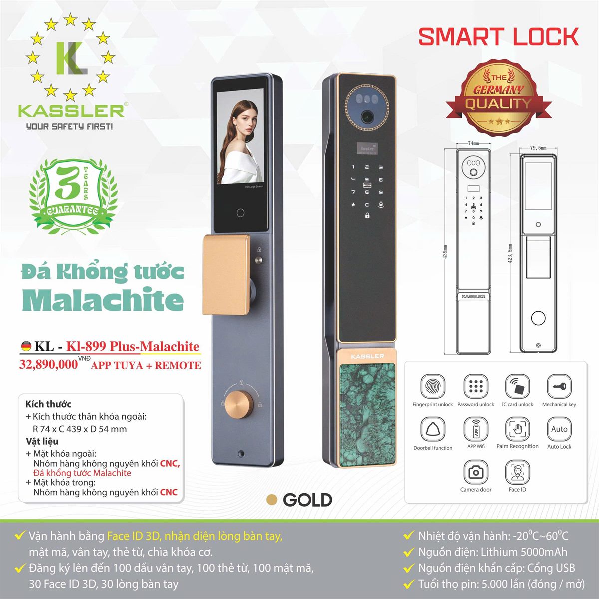 Khóa cửa vân tay Kassler KL899 Plus Malachite (đá Khổng tước), Face ID 3D - bán chạy tại Khóa Cửa 99