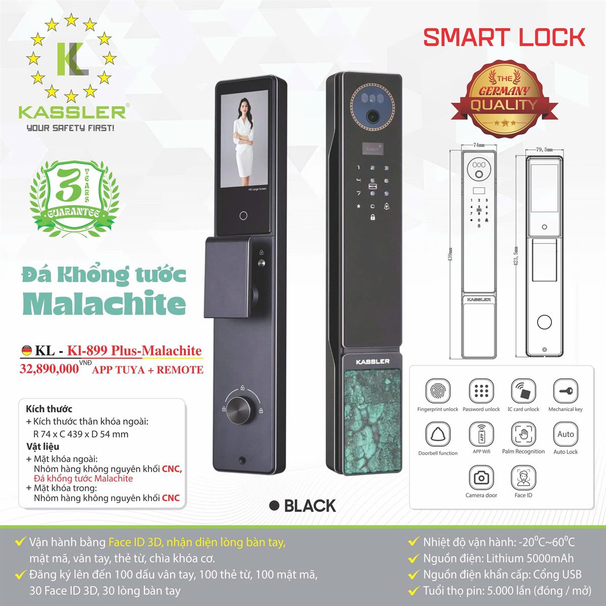 Khóa cửa vân tay Kassler KL899 Plus Malachite (đá Khổng tước), Face ID 3D