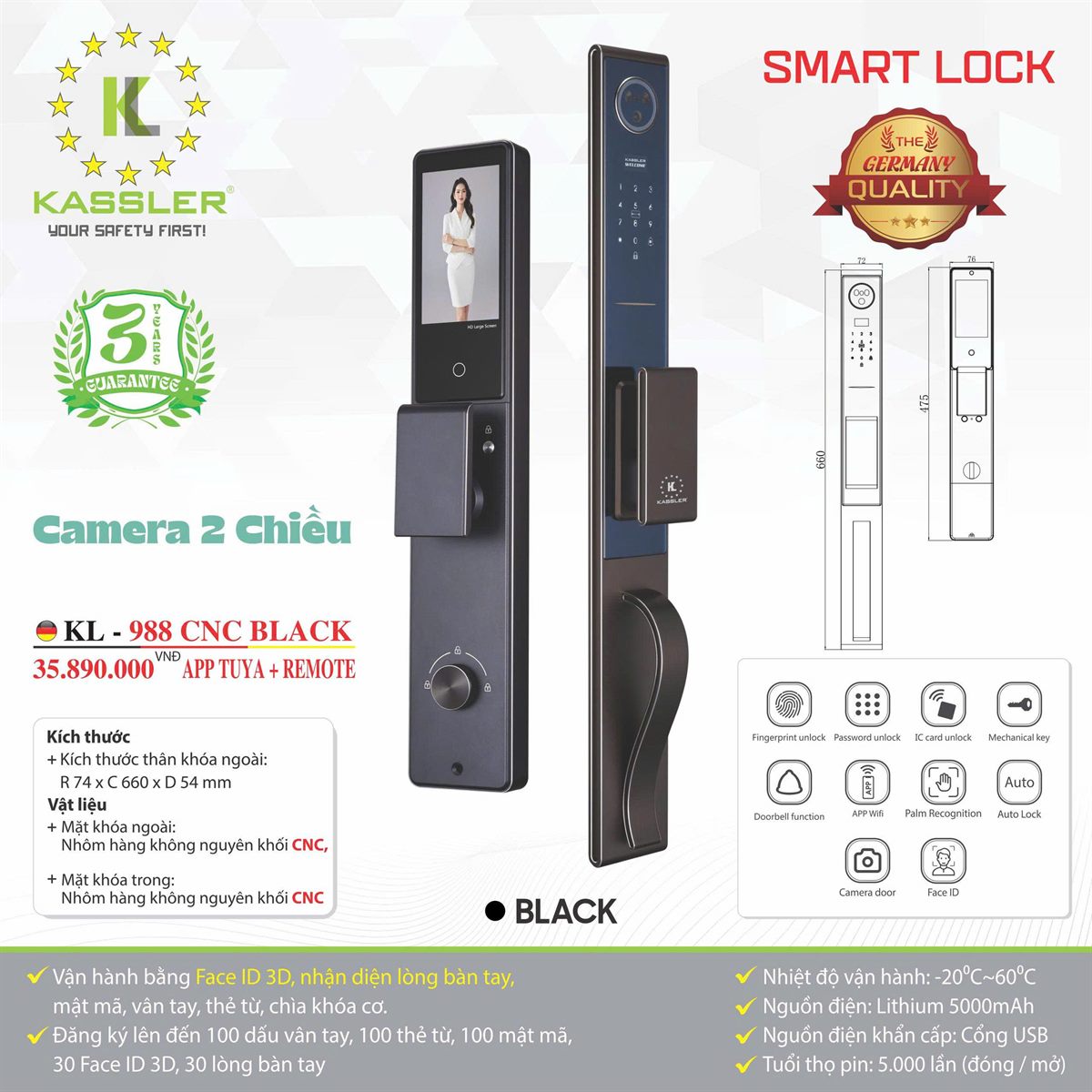 Khóa cửa vân tay Kassler KL988-CNC Black, Camera 2 chiều, Face ID 3D - bán chạy tại Khóa Cửa 99