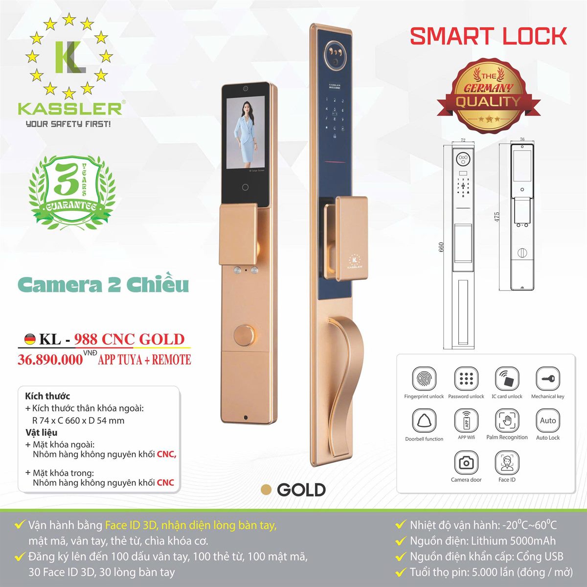 Khóa cửa vân tay Kassler KL988-CNC Gold, Camera 2 chiều, Face ID 3D - bán chạy tại Khóa Cửa 99