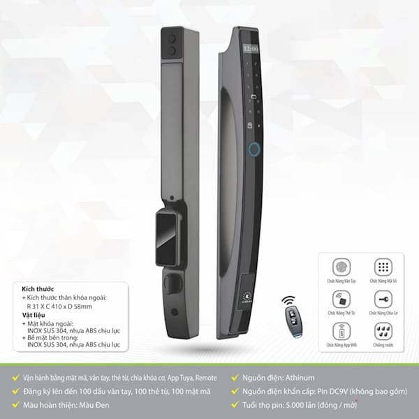 Khóa cửa nhôm vân tay Kawa KN668 Face 3D